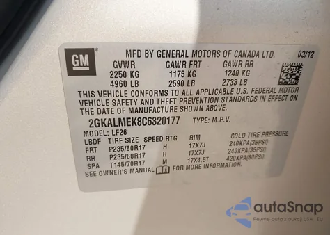 2012 GMC Terrain Sle-1 z USA, uszkodzony, nr VIN 2GKALMEK8C6320177